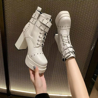 Round Toe Block Heels Boots - High Heel Ankle Boots - Fashions Envy