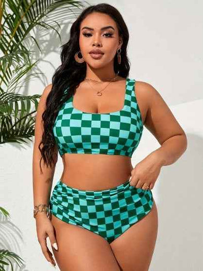 Plus Size Checkered Bikini - Full Coverage Square Neck