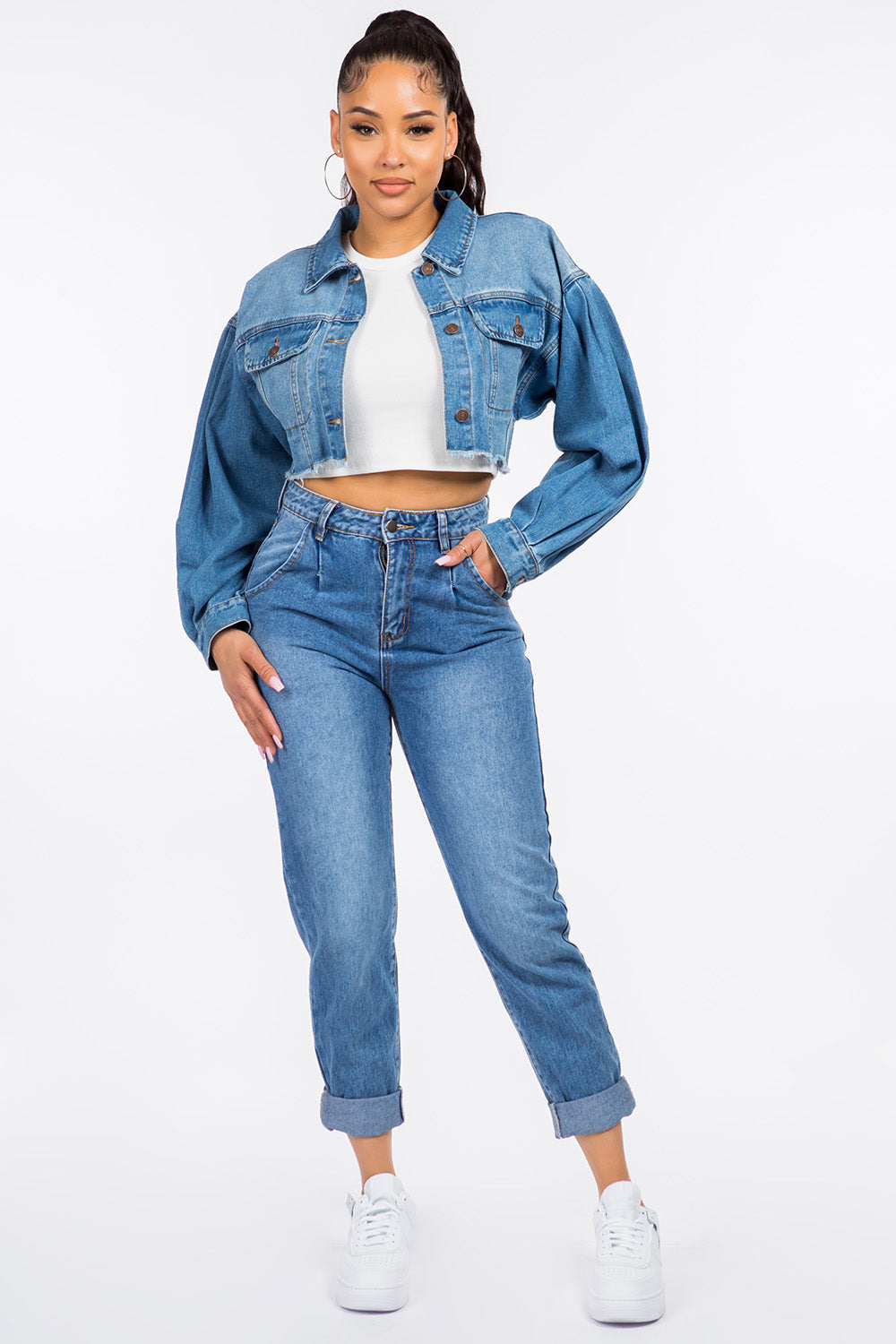 High Waist Pleated Waist Mom Denim Blue Jeans