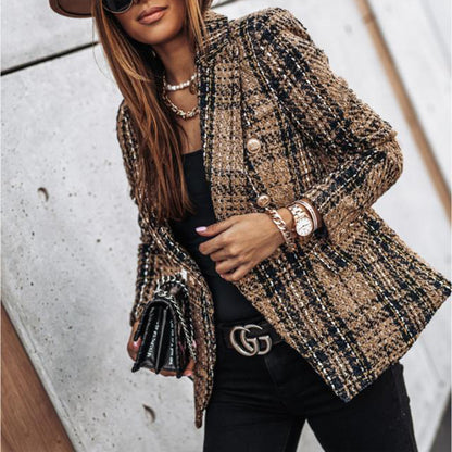 Elegant Checkered Long Sleeve Blazer - Double-Breasted Printed Coat