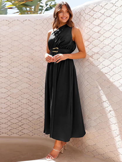Ruched Single Shoulder Belted Midi Dress