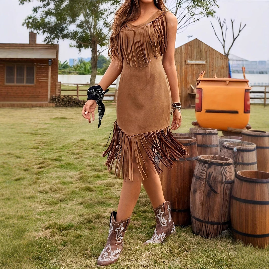 Women's Brown Western Suede Fringe Dress - Sleeveless Vacation Style
