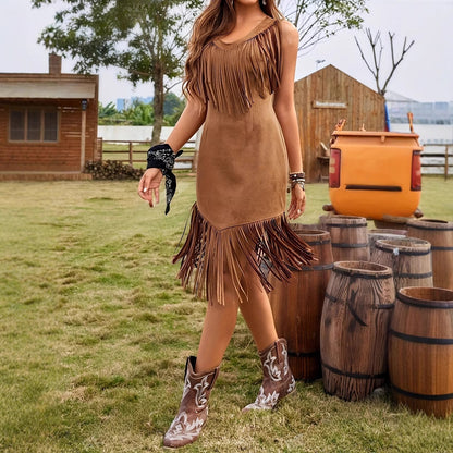 Women's Brown Western Suede Fringe Dress - Sleeveless Vacation Style