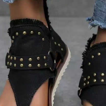 Studded Raw Hem Flat Sandals - Fashions Envy