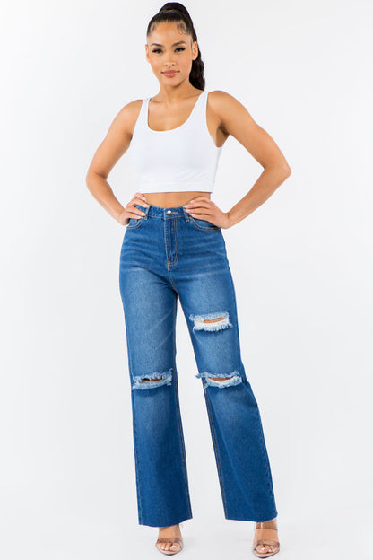 High Waist Distressed Wide Leg Denim Blue Jeans