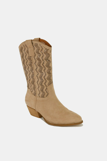 Tan Faux Suede Laser Cut Detail Block Heel Boots