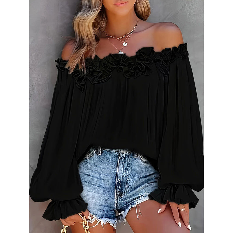 Women's Summer Off Shoulder Ruffle Long Sleeve Blouse - Casual Loose Top