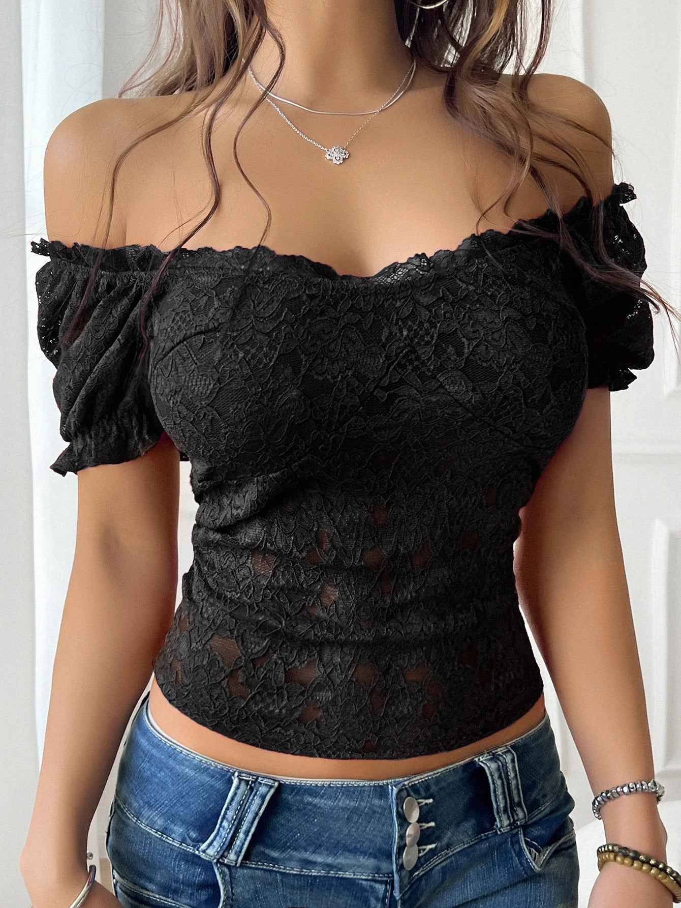 Black Lace Crop Top with Off-Shoulder Sleeves for a Stylish Summer Look