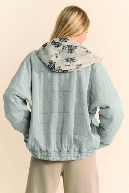 Grey-Blue Quilted Zip Up Dropped Shoulder Jacket