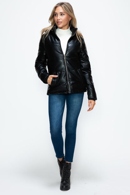 Black Pocketed Zip Up Puffer Jacket with Removable Hood