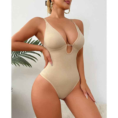 Deep V-Neck Thong Bodysuit - Tummy Control Shapewear
