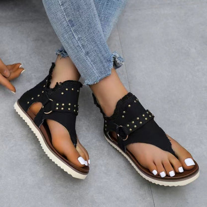 Studded Raw Hem Flat Sandals - Fashions Envy