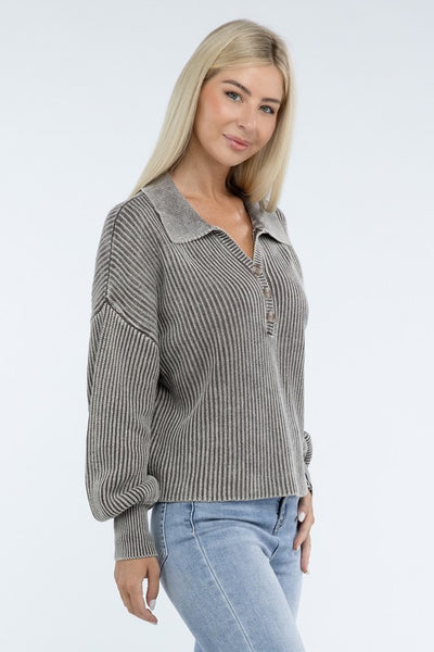 Ribbed Washed Collared Henley Sweater - Fashions Envy