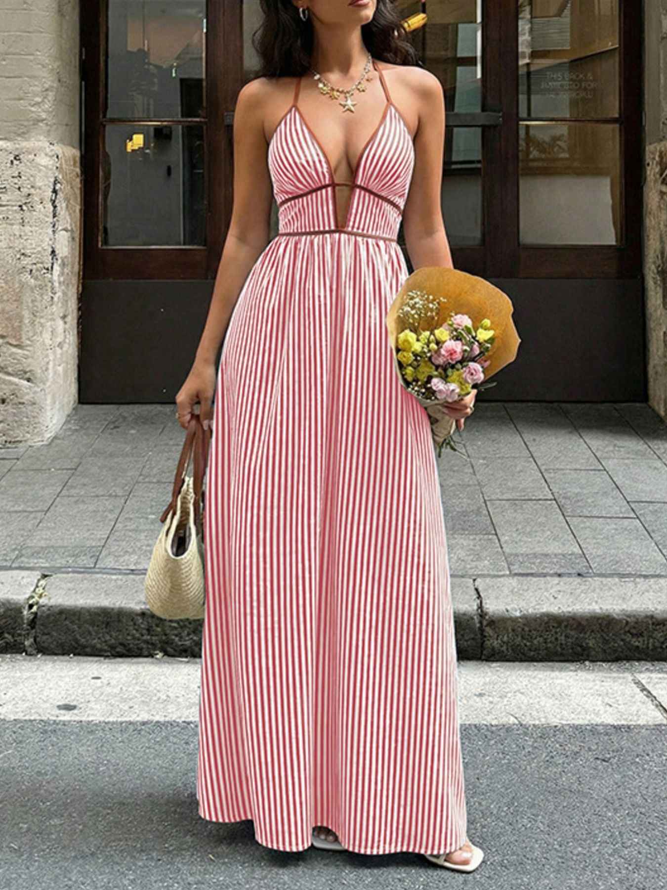 Striped Halter Maxi Dress - Smocked Bodice Tie Back