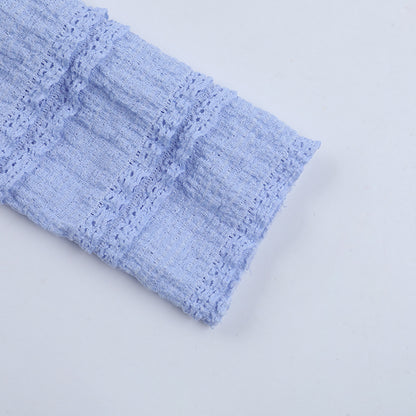 V-Neck Knit Mini Dress - Blue Textured Long Sleeve - Fashions Envy