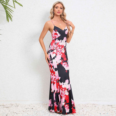 Floral Spaghetti Strap Maxi Dress - V-Neck Flowy Sleeveless