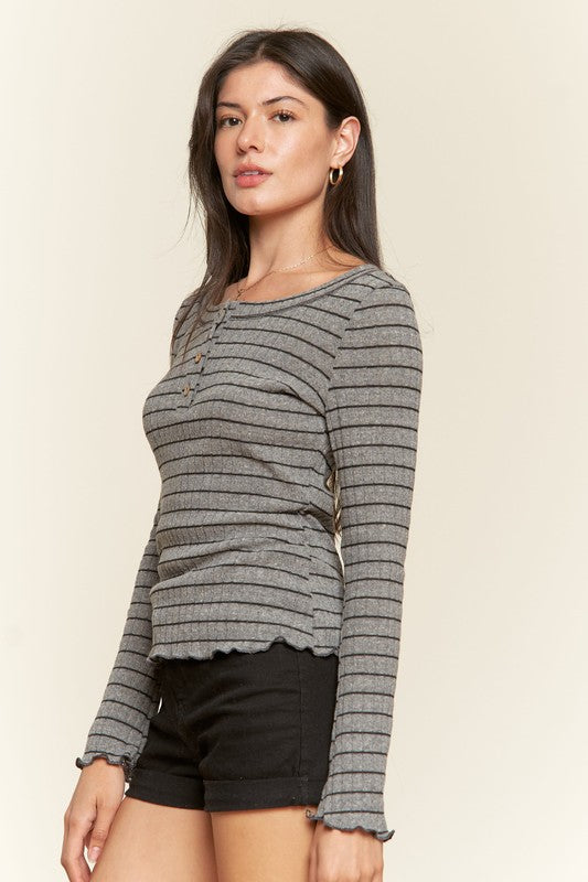 Ribbed Henley Neck Long Sleeve Basic Top