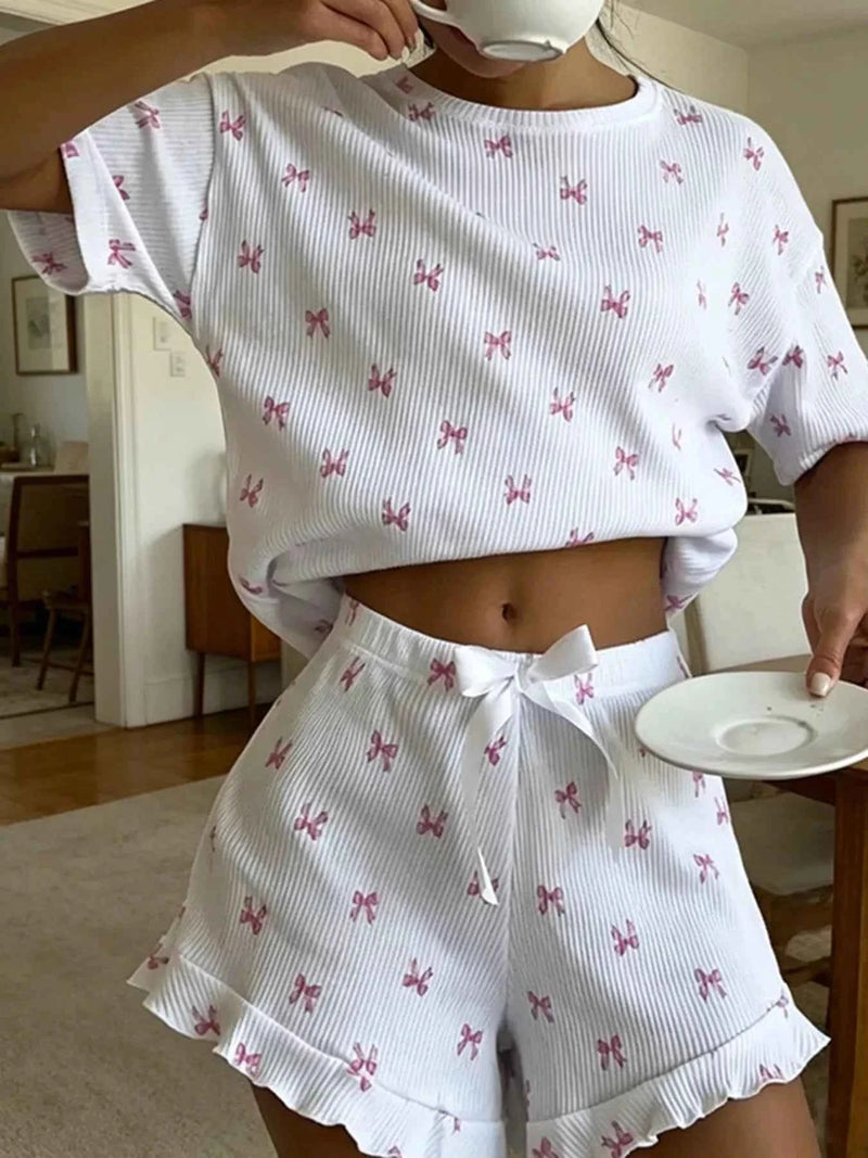 Ribbed Knit Bow Print Top and Shorts Lounge Set