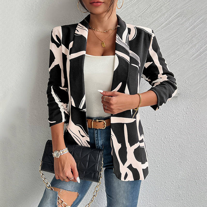 Women's Abstract Print Blazer - Button Front Office Jacket - Fashions Envy