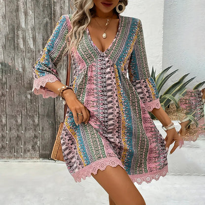Boho V-Neck Sundress - Lace Trim Print Dress