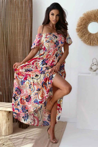 Smocked Bodice Maxi Dress - Printed Short Sleeve Flowy