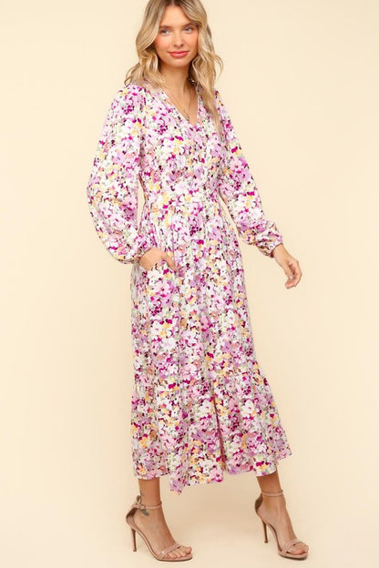 Lilac Full Size Floral V-Neck Long Sleeve Dress with Side Pockets