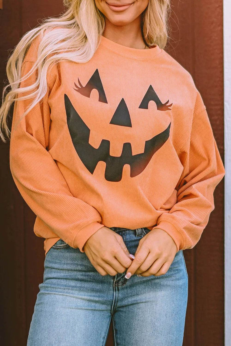 Round Neck Dropped Shoulder Jack-O'-Lantern Graphic Sweatshirt - Fashions Envy