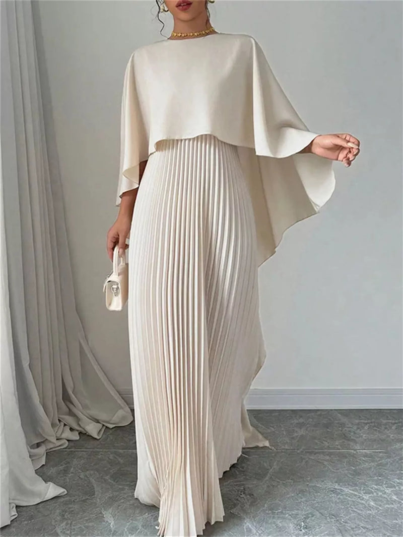 Cape Sleeve Pleated Maxi Dress - Dramatic Overlay Cape Sleeve Pleated Maxi Dress - Dramatic Overlay
