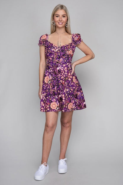 Purple Floral Print Puff Sleeve Mini Dress