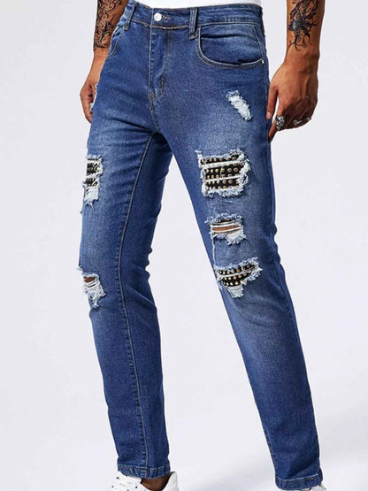 Men's Distressed Jeans - Studded Slim Fit Stretch Denim - Fashions Envy