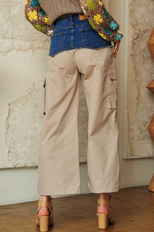 Khaki Denim Patchwork Wide Leg Pants with Cargo Pockets