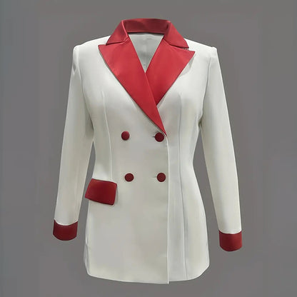 Women's Classic Notch Lapel Blazer, Double-Breasted Long Sleeve Jacket With Color-Block Waist Definition