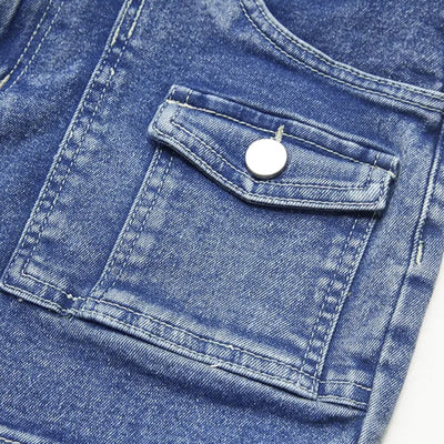 Trendsi high-waist wide-leg denim shorts close up of blue denim pocket flap and silver button detail