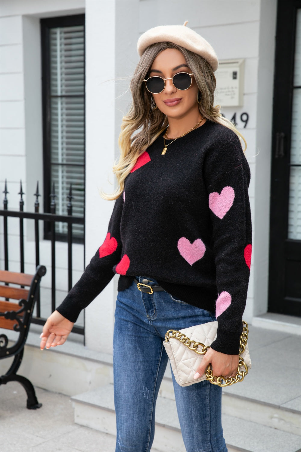 Angel Wings Heart Round Neck Dropped Shoulder Sweater