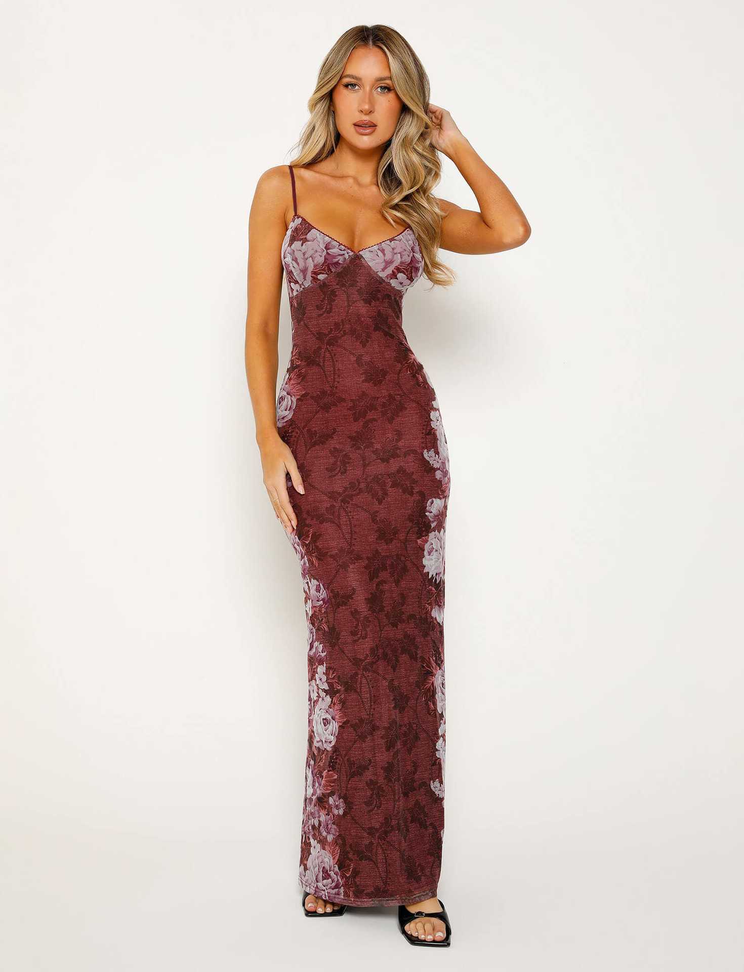 Y2K Sexy Bodycon Flower Print Maxi Slip Dress