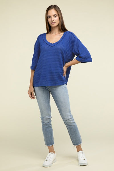 Brushed Waffle Exposed-Seam 3/4 Sleeve Top - Fashions Envy