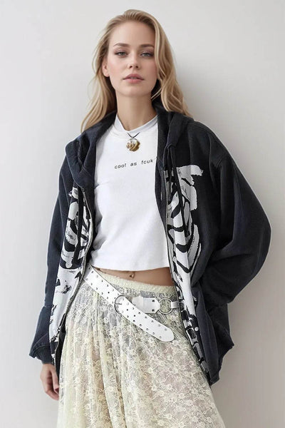 Skeleton Zip Up Drawstring Hoodie - Halloween Sweatshirt - Fashions Envy