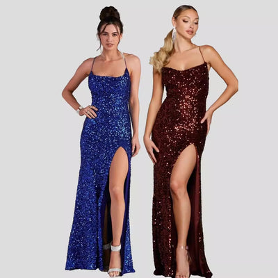 Sequin Camisole Maxi Dress - Thigh Split V-Neck Glam