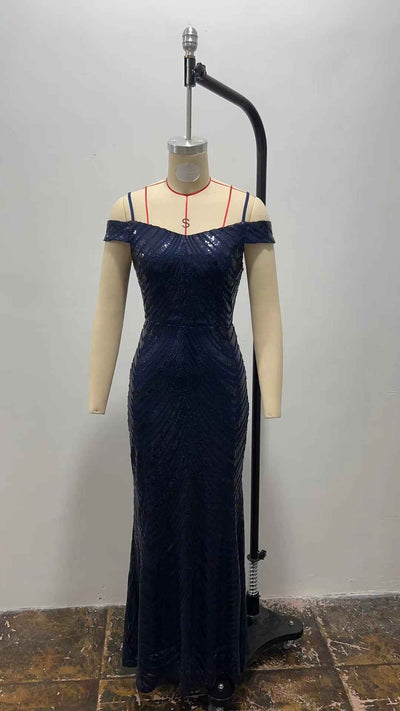 Blue Sequin Maxi Dress - Off Shoulder Spaghetti Strap Gown
