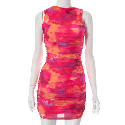 Women's Tie-Dye Mesh Dress - Round Neck Sleeveless Mini - Fashions Envy