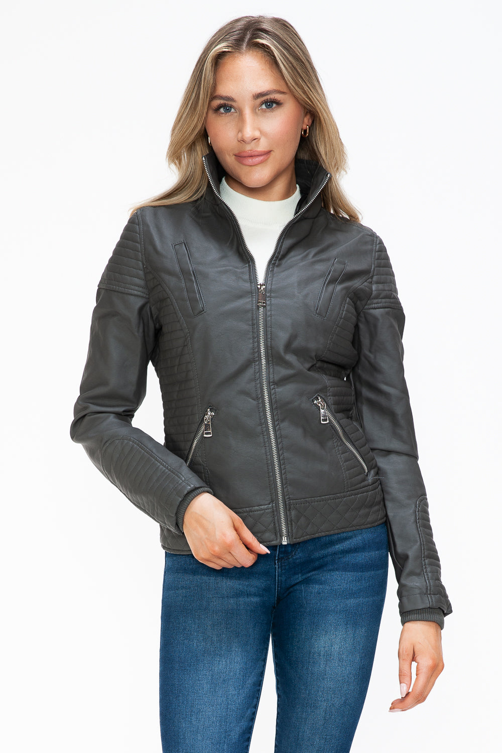 Charcoal Faux Layered Double-Zipper Jacket with Fuzzy Hood