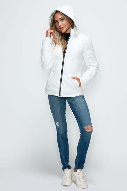 White Pocketed Zip Up Puffer Jacket with Removable Hood