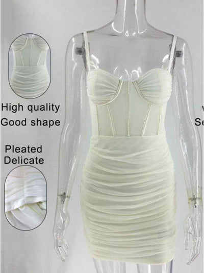 Sheer Mesh Mini Dress - Ruched Spaghetti Strap Bodycon