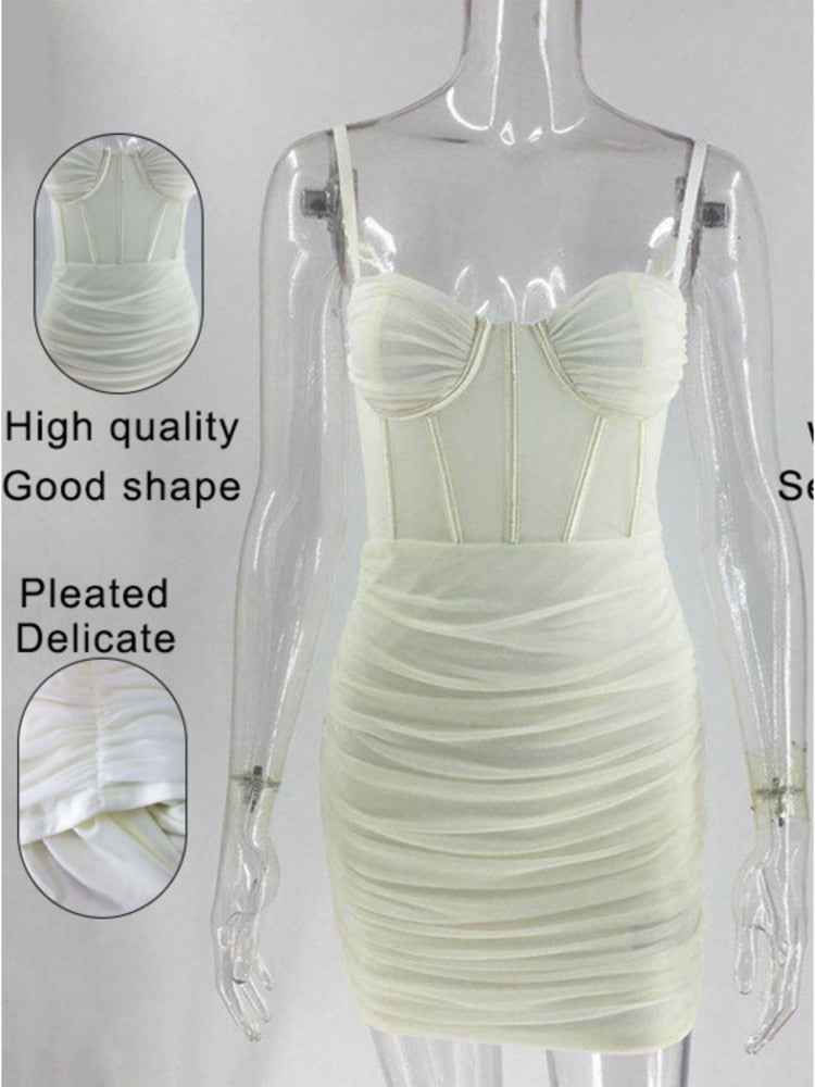 Sheer Mesh Mini Dress - Ruched Spaghetti Strap Bodycon
