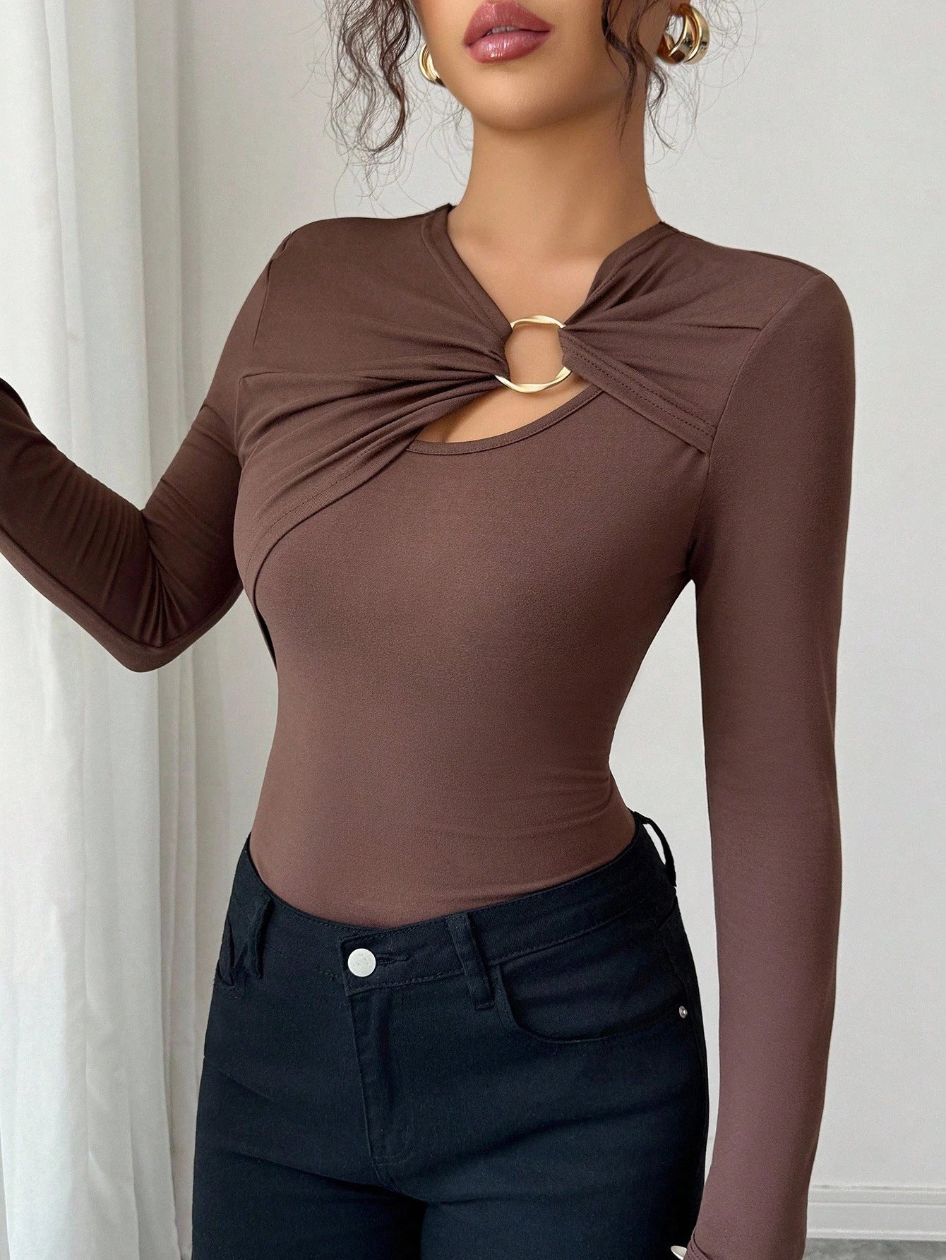 Asymmetric Top - Hollow-Out Metal Decorated Slim Fit