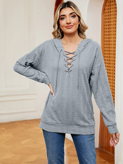 Lace-Up Long Sleeve Hoodie - Fashions Envy