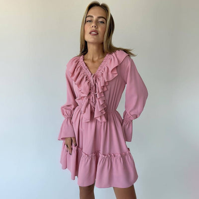 V-Neck Pleated Ruffle Long Sleeve Y2K Mini Dress