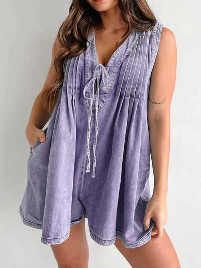 V-neck Pleated Tied Romper with Pockets