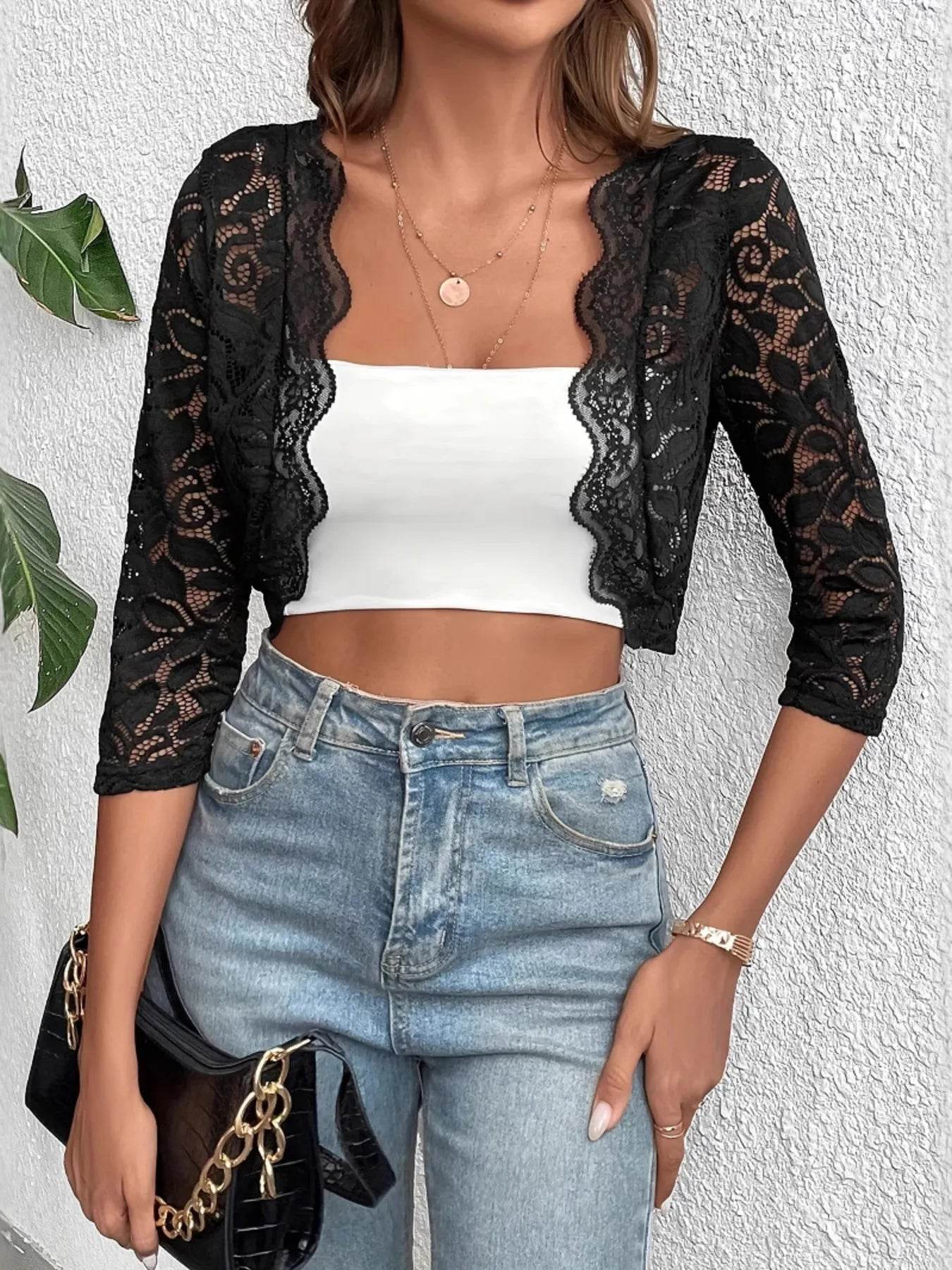 Open Front Lace Cardigan - Sheer Layering Sweater - Fashions Envy