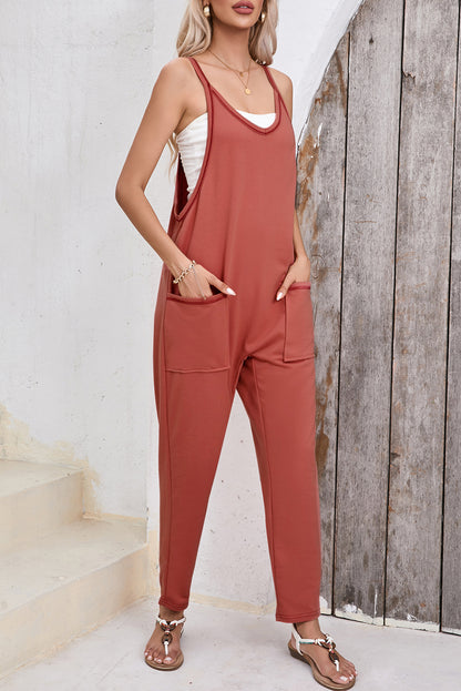 Black Side Pockets Harem Pants Sleeveless V Neck Jumpsuit